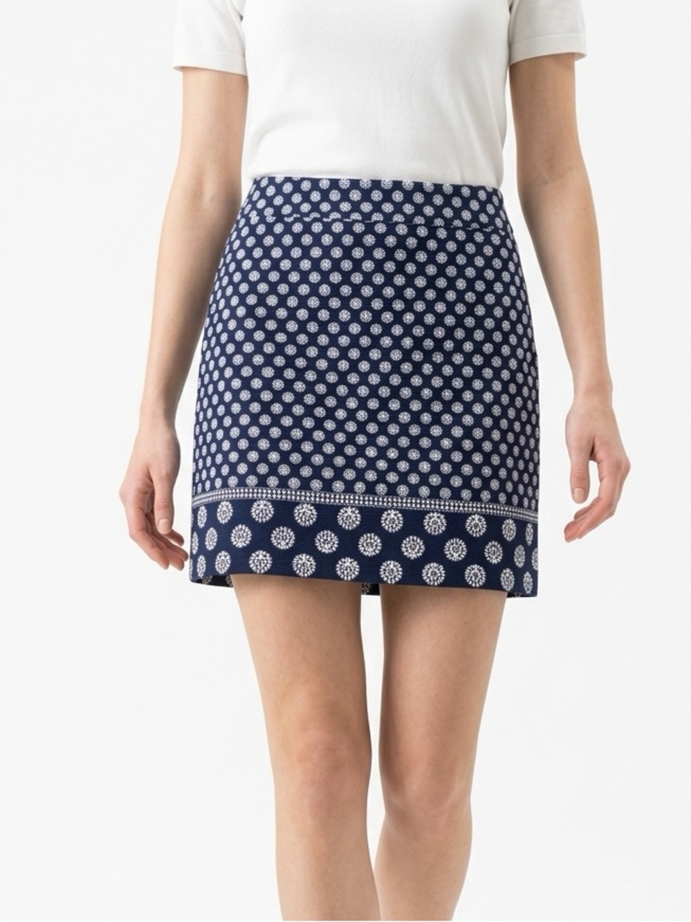 Talbots Navy Pencil Skirt with White Dot Medallion Border